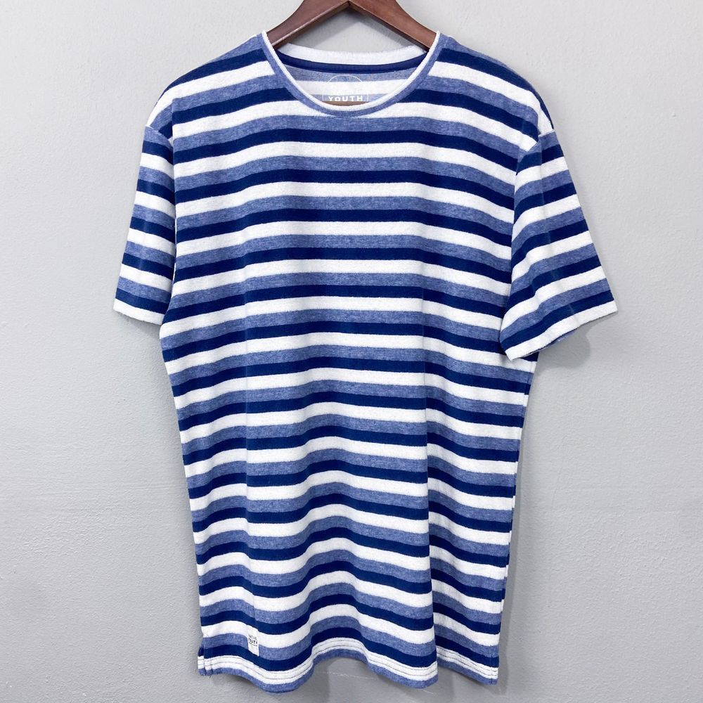Native Youth‎ Blue White Striped T-Shirt Size L Surf Coast Beachcore Terry Knit